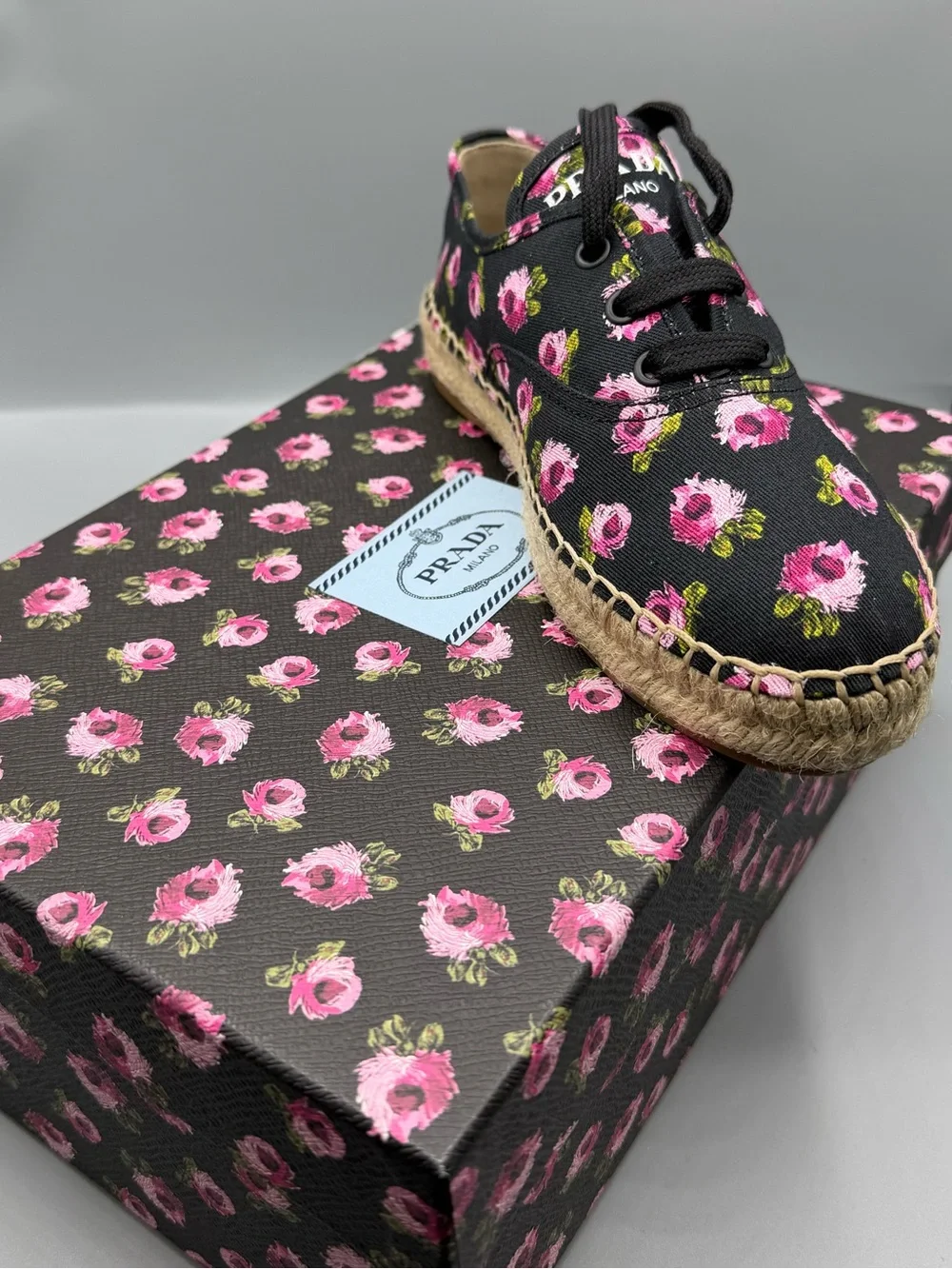 Prada Floral Black Lace-Up Espadrille